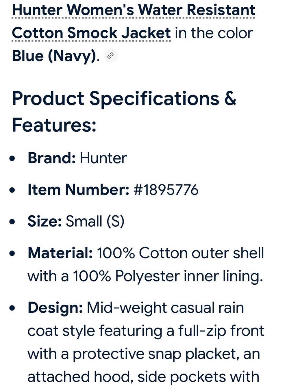 Hunter Navy Hooded Waterproof Women's Raincoat - Picture 7 of 7